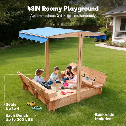 FUNTOK 48''x48'' Kids Sandbox with Lid, Wooden Sand Box with Foldable Bench Seats, Rotatable Canopy, UV-Protection, 300 Lbs Weight Capacity, for Backyard, Patio, Outdoor Play in Saudi Arabia