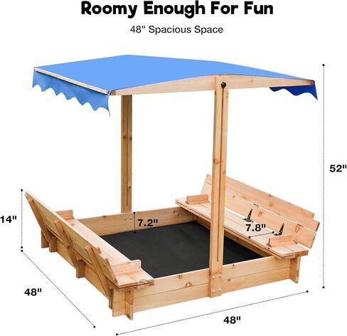 FUNTOK 48''x48'' Kids Sandbox with Lid, Wooden Sand Box with Foldable Bench Seats, Rotatable Canopy, UV-Protection, 300 Lbs Weight Capacity, for Backyard, Patio, Outdoor Play in Saudi Arabia