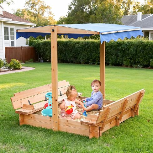 صندوق رمل للأطفال من FUNTOK مقاس 48 بوصة × 48 بوصة مع غطاء، صندوق رمل خشبي مع مقاعد قابلة للطي، مظلة قابلة للدوران، حماية من الأشعة فوق البنفسجية، سعة وزن 300 رطل، للفناء الخلفي، الفناء، اللعب في الهواء الطلق in Kuwait