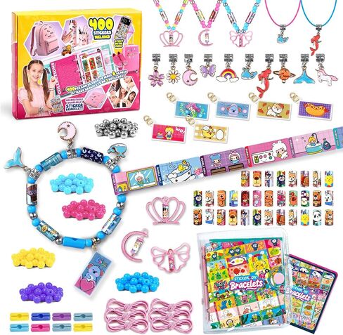 jhtigre Sticker Bracelet Kit, 400pcs Bracelet Maker with Rolls Stickers, Colorful Beads, Pendants, Sticker Collection Book, Make Bracelets & Necklaces, Wearable & Shareable Sticker Kit for Girls Gift in Kuwait