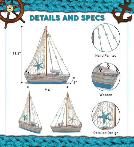 CoTa Global Ocean Breeze Sailboat Nautical Decor - Handmade Beach Themed Wooden Boat Home Decor for Living Room Shelves, Tabletop, Desk, Cute Nautical Party Decorations - 11.3 Inches in Saudi Arabia