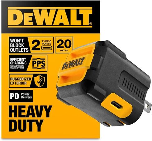 شاحن حائط USB بمنفذين من DEWALT - شاحن موقع العمل NeverBlock - محول تيار متردد مزدوج 5 فولت 2.1 أمبير - مكعب شحن سريع لأجهزة iPhone 14 وAndroid in Kuwait
