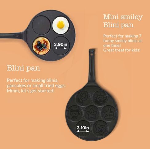 Kitchenfun Blini - صانع فطائر صغيرة غير لاصقة - صانع كريب من الألومنيوم غير السام، خالي من PFAS، مقالي غير لاصقة، مجموعة مقلاة طهي لـ 7 فطائر صغيرة مبتسمة، مقلاة غير لاصقة، مقلاة بيض in Kuwait
