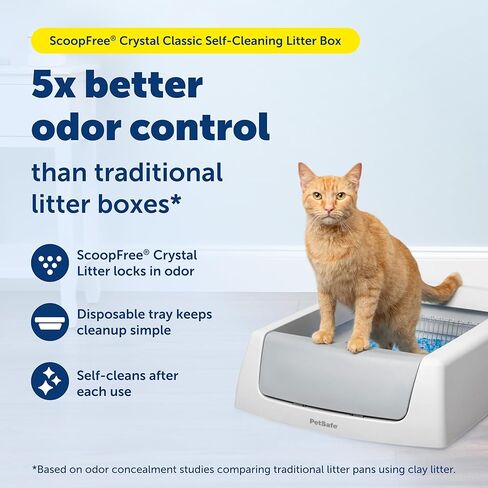 PetSafe ScoopFree Crystal Classic نظام صندوق فضلات القطط ذاتي التنظيف صندوق فضلات القطط التلقائي - تحكم متقدم في الرائحة يتضمن صينية فضلات كريستالية يمكن التخلص منها حتى 30 يومًا من التنظيف بدون استخدام اليدين in Saudi Arabia
