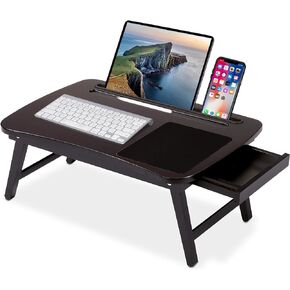 BIRDROCK HOME Curved Wood Lap Tray with Foldout Legs, Storage Drawer, Mouse Pad, Fits Laptops Up to 17", Tablet and Phone Slot, Laptop Table for Sitting or Standing, Work from Home - Natural