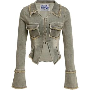 Aelfric Eden Womens Denim Jacket Fringe Two-Way Zipper Fashion Vintage Washed Long Sleeve Jean Coat