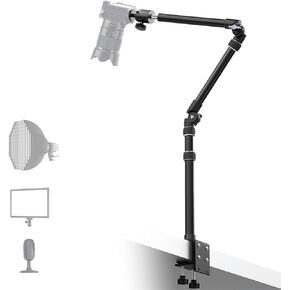 【All Metal】RAUBAY Desktop Magic Arm, Overhead Camera Desk Mount, Table Light Stand with 1/4“ Ball Head, 3/8" & 5/8" Adapter, C Clamp, Retractable Boom Arm for DSLR, Webcam, Microphone, Projector DMA01