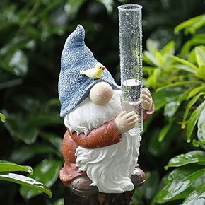 FORUP Resin Gnome Solar Rain Gauges, Resin Garden Gnome Statue with a Plastic Rain Gauge, Hand Painted Gnome Sculpture Water Gauge for Rain