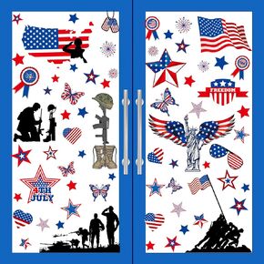 9 Sheets 4th of July Land of The Free America Patriotic Window Clings, American Flag Cross Military Soldier Boots Stickers Decals Decorations, USA Memorial Day Veterans Day Home Kitchen Decor