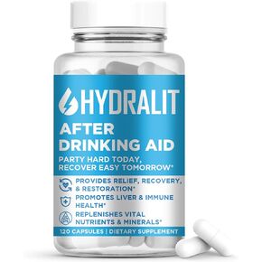 Hydralit After Drinking Aid Party Pills Hydration Fast Relief Long-Lasting Natural DHM Milk Thistle Supplement Vitamin Formula Alcohol Recovery for A Better Morning After A Night Out 120 Capsules