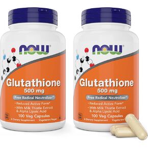Now Glutathione 500 mg, 100 Vegan Capsules (Pack of 2) - Reduced Form GSH Supplement - Enhanced with Milk Thistle Extract and Alpha Lipoic Acid