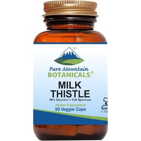 Pure Mountain Botanicals Milk Thistle Capsules - 90 Kosher Vegan Caps with Organic Milk Thistles and Potent Silymarin Extract