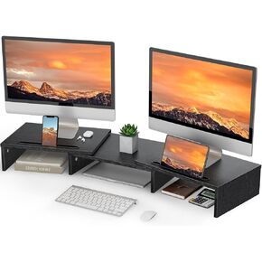 LORYERGO Dual Monitor Stand for 2 monitors, Monitor Stand for Desk, Monitor Riser with Storage, Computer Monitor Stand w/Slot for Tablet Cellphone, Dual Monitor Riser for PC, Laptop, Computer, Printer