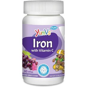 YumVs Iron Jellies/Gummy Bears for Kids w/Vitamin C, Grape Flavor Chewables; Daily Dietary Supplement for Children, Vegan, Kosher/Halal, Gluten Free (60 Ct)