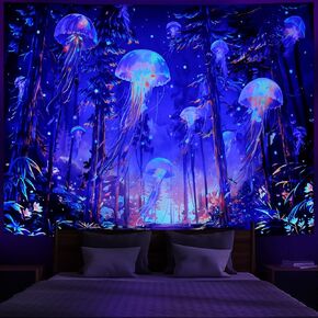 Racunbula Blacklight Forest Jellyfish Tapestry UV Reactive Nature Tree Tapestry Trippy Fantasy Starry Sky Tapestry Aesthetic Wall Tapestry Hippie Jungle Plants Tapestry Wall Hanging for Bedroom