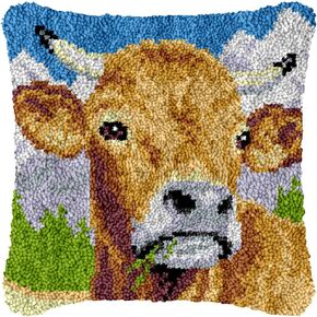 Cow Cattle Latch Hook Kits Pillow Printed Canvas DIY Cushion Crochet Yarn Needlework Hook Latch Kit Embroidery Pillowcase Rug Cover Home Sofa Christmas Decoration 43x43cm
