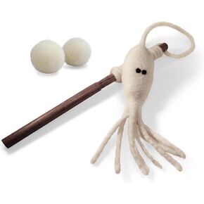 Earthtone Solutions Wool Cat Toys - Felted Wool White Octopus Squid Fish Wand Toy Plus 2 Felt Ball Toys for Indoor Cats and Kittens