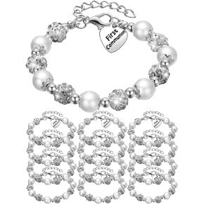 12 Pcs First Communion Bracelet Bulk Heart Pendant White Bead Charm Bracelet Baptism First Communion Gifts Faux Pearls Handmade Jewelry for Girls