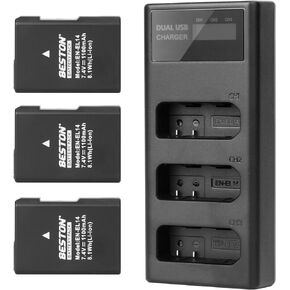 BESTON 3-Pack EN-EL14 / EN-EL14a Battery Packs and Rapid USB Charger for Nikon D3100 D3200 D3300 D3400 D3500 D5100 D5200 D5300 D5500 D5600 DF Coolpix P7000 P7100 P7700 P7800 Cameras