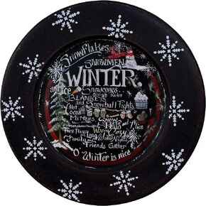 CVHOMEDECO. Winter Decorative Plate Primitives Distressed Round Christmas Display Wooden Plate Home Décor Art, 9-3/4 Inch