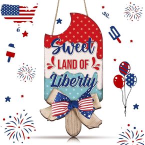 Geelin 4th of July Patriotic Door Sign Wood Front Door Decor Independence Day Wood Floral Flag Hanging Sign Memorial Day Hanging Wall Decor for Front Door Porch Home Wall Wreath Porch Decorations