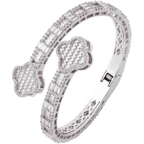 Iced Out 5A Cubic Zirconia Clover Lucky Bangle Bracelet For Men Women, Gold Plated Baguette Diamond Bracelets, Dainty Clover Bangle Bracelet with Spring Clasp