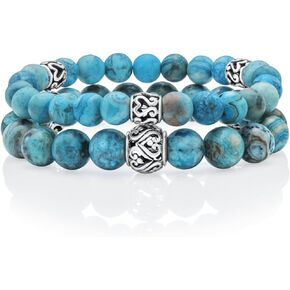 VY JEWELRY Blue Lace Agate Bracelet 8/10MM Dia Matte Stones with 925 Sterling Silver Beads for Men and Women