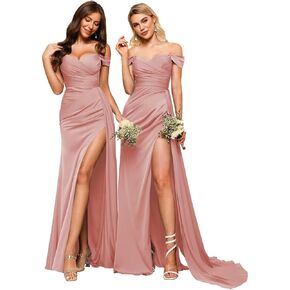 vintys Women's Off Shoulder Ruched Bridesmaid Dresses Long with Slit Satin Formal Prom Dress VS018