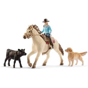 Schleich Western Playset - Cowgirl Figurine with Horse, Cow, Dog and Rodeo Accessories, Realistic Farm Animal Toys, 6-Piece Set for Kids