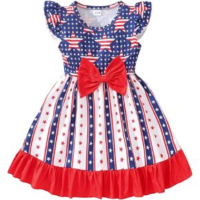 zarmfly Girls 4th of July Dress Toddler Girl American Flag Dresses Flutter Sleeve Patriotic Clothes Independence Day Outfits