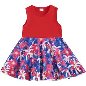 Bonangber Toddler Baby Girl 4th of July Outfit Flying Sleeve Stars Stripe Print A-line Dress Fourth of July Summer Dress