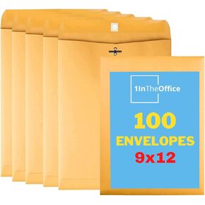 1InTheOffice Manila Envelopes 9x12, Clasp Envelopes, Catalog Envelopes 9x12, Kraft Brown, Gummed Sealed Envelopes, Brown, 100 Pack