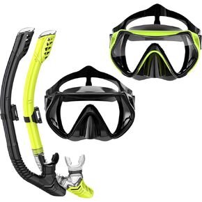 BuyCard عبوتان من معدات الغطس للبالغين، قناع الغطس الجاف، قناع الغطس، رؤية بانورامية واسعة 180 درجة، مجموعة الغطس الاحترافية للبالغين تتنفس بحرية (أسود وأصفر) in Kuwait