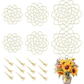 Flower Arranger Holder, Floral Arrangement Holder Mini Bouquet Twister Reusable Gold Stainless Steel Round Flower Frog lid Box Suitable for vase Flower Arrangement (6 Pcs)