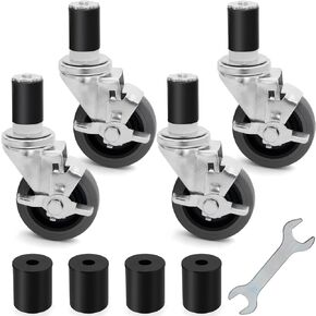 4 inch Prep Table Casters Set of 4 Heavy Duty for Commercial Kitchen Prep Tables, Expanding Stem Table Wheels with Brake 1200 LBS, Prep Table Casters Fit Both 1-1/2" and 1-5/8" Leg Tube Adapters