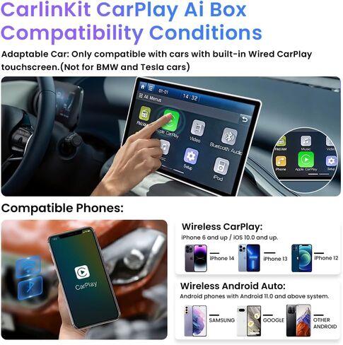 ماجيك بوكس ​​CarlinKit CarPlay Ai Box Android 13.0 نظام CarPlay اللاسلكي محول فقط للسيارات السلكية التي تعمل باللمس CarPlay. دعم Android Auto Google Play Netflix YouTube GPS+Glonass 8G+128G in Saudi Arabia