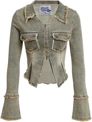 Aelfric Eden Womens Denim Jacket Fringe Two-Way Zipper Fashion Vintage Washed Long Sleeve Jean Coat in Saudi Arabia