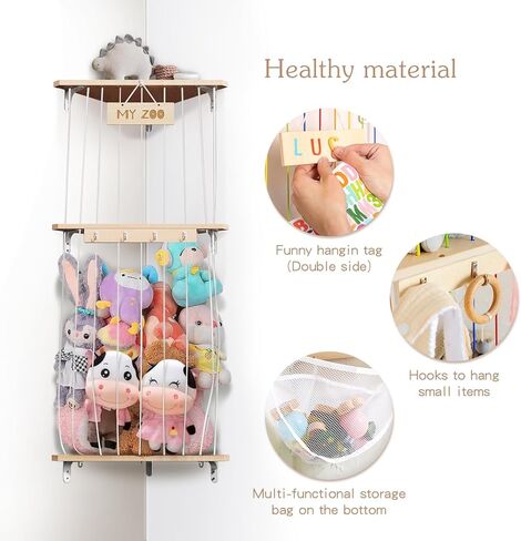 bopoobo Stuffed Animal Storage, Nursery Hanging Organizers Wood Soft Toy Shelf with Adjustable Length Mounted Toys Storage Holder for Nursery Play Room Bedroom Kid Room in Saudi Arabia