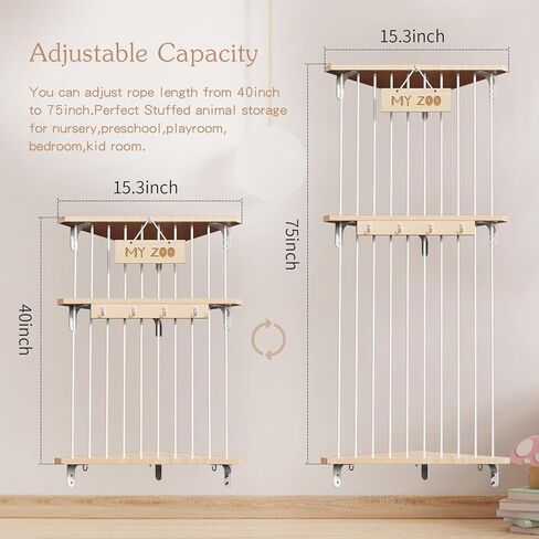 تخزين الحيوانات المحشوة من بوبوبو، منظم تعليق لغرف الأطفال، رف ألعاب خشبي ناعم مع حامل تخزين ألعاب مثبت بطول قابل للتعديل لغرفة لعب الأطفال وغرفة النوم وغرفة الأطفال in Kuwait
