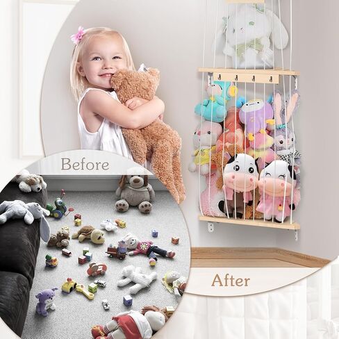 تخزين الحيوانات المحشوة من بوبوبو، منظم تعليق لغرف الأطفال، رف ألعاب خشبي ناعم مع حامل تخزين ألعاب مثبت بطول قابل للتعديل لغرفة لعب الأطفال وغرفة النوم وغرفة الأطفال in Kuwait