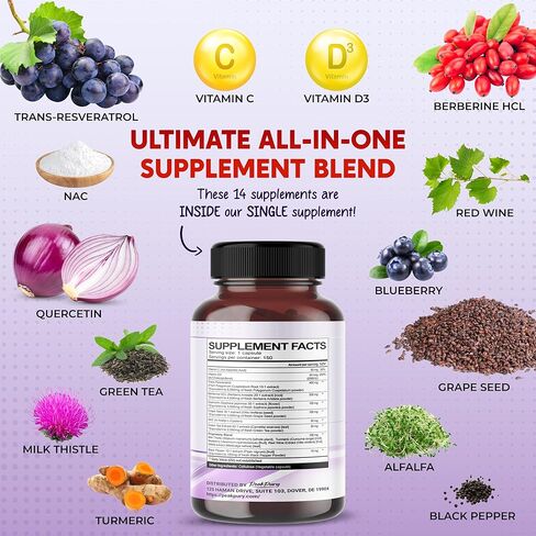 PEAKPURY Trans-Resveratrol 6000mg Berberine 4000mg Quercetin 3000mg بذور العنب 3000mg Milk Thistle - مكمل البوليفينول - صنع في الولايات المتحدة الأمريكية in Kuwait