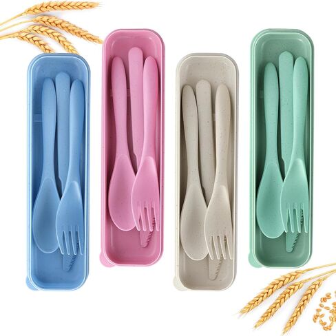 Reusable Travel Utensils Set with Case, 4 Pack Reusable Wheat Straw Portable Utensils Set with Case, Travel Utensils for Lunch, Camping, Picnic, Travel (Green, Pink, Blue, Beige) in Kuwait