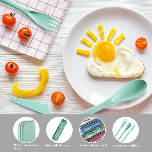 Reusable Travel Utensils Set with Case, 4 Pack Reusable Wheat Straw Portable Utensils Set with Case, Travel Utensils for Lunch, Camping, Picnic, Travel (Green, Pink, Blue, Beige) in Kuwait