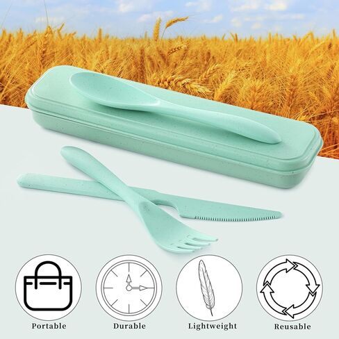 Reusable Travel Utensils Set with Case, 4 Pack Reusable Wheat Straw Portable Utensils Set with Case, Travel Utensils for Lunch, Camping, Picnic, Travel (Green, Pink, Blue, Beige) in Kuwait