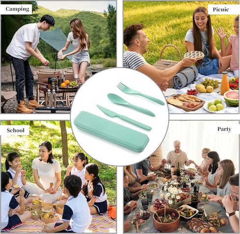 Reusable Travel Utensils Set with Case, 4 Pack Reusable Wheat Straw Portable Utensils Set with Case, Travel Utensils for Lunch, Camping, Picnic, Travel (Green, Pink, Blue, Beige) in Kuwait