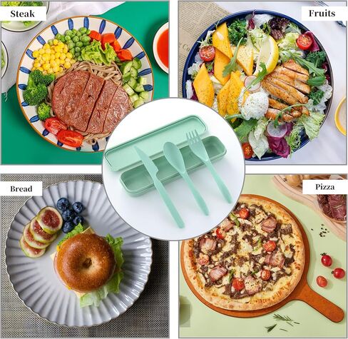 Reusable Travel Utensils Set with Case, 4 Pack Reusable Wheat Straw Portable Utensils Set with Case, Travel Utensils for Lunch, Camping, Picnic, Travel (Green, Pink, Blue, Beige) in Kuwait