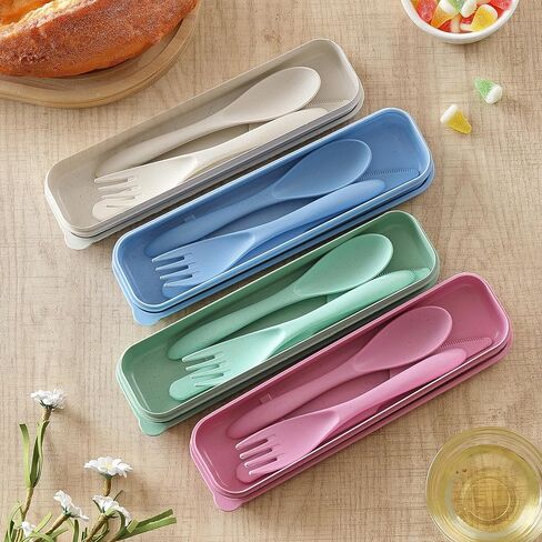 Reusable Travel Utensils Set with Case, 4 Pack Reusable Wheat Straw Portable Utensils Set with Case, Travel Utensils for Lunch, Camping, Picnic, Travel (Green, Pink, Blue, Beige) in Kuwait
