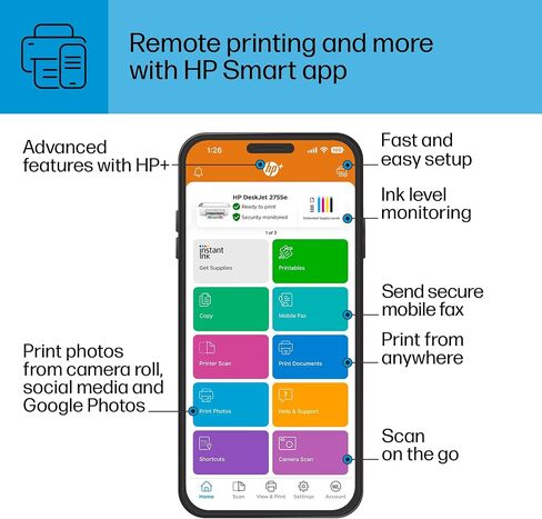 طابعة HP DeskJet 2855e اللاسلكية الكل في واحد ملونة نافثة للحبر، ماسح ضوئي، ناسخة، الأفضل للمنزل، 3 أشهر من الحبر (588S5A) in Saudi Arabia