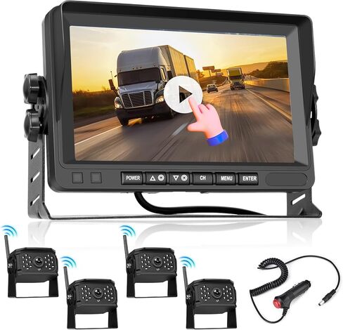 نظام كاميرا احتياطية لاسلكي من Hikity، شاشة كاميرا عكسية HD 1080P 7 بوصة لـ 4 قنوات، سجل DVR، مقاومة للماء، رؤية ليلية، كاميرا رؤية خلفية أمامية للشاحنة/RV/Van/SUV/البيك اب in Kuwait
