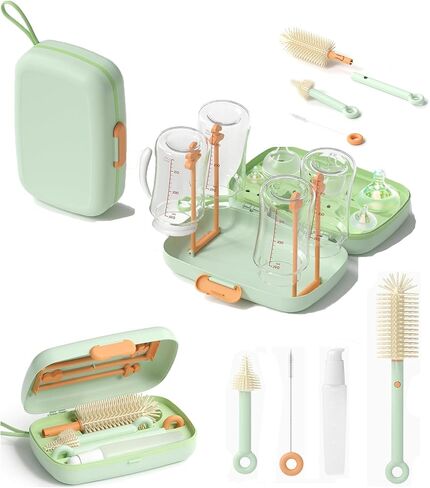 OPATER Travel Baby Bottle Cleaner kit with Drying Rack,Portable Silicone Bottle Brush, Nipple Cleaner Brush,Straw Brush,Storage Box Compact Size Baby Essential for Travel Home Newborn & Moms (Yellow) in Saudi Arabia